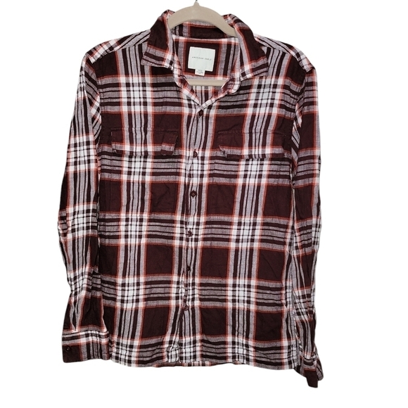 American Eagle size small long sleeve button down plaid shirt maroon red & white - Picture 1 of 8